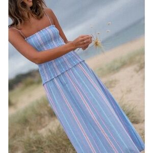 Women Sleeveless Smocked Striped Maxi Spaghetti Strap Hampton Stripe Sundress